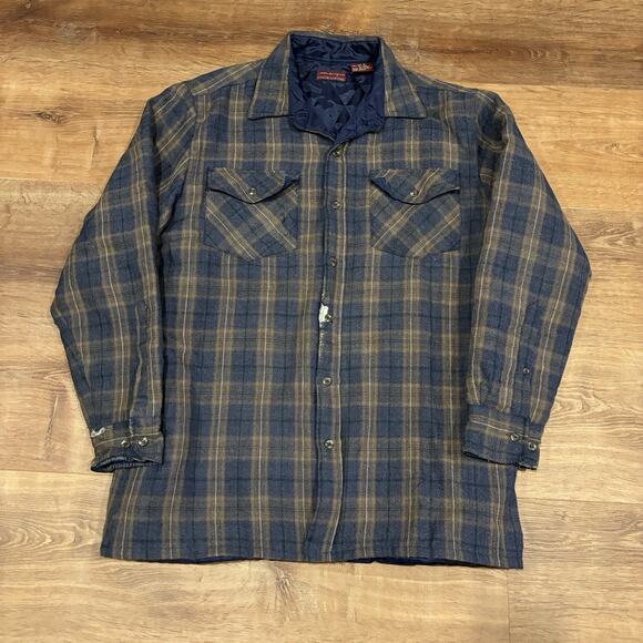 Vintage 80s Wool Flannel Shirt Jacket Button Up Quilt Lined Med Allen Wickfield - Picture 1 of 8